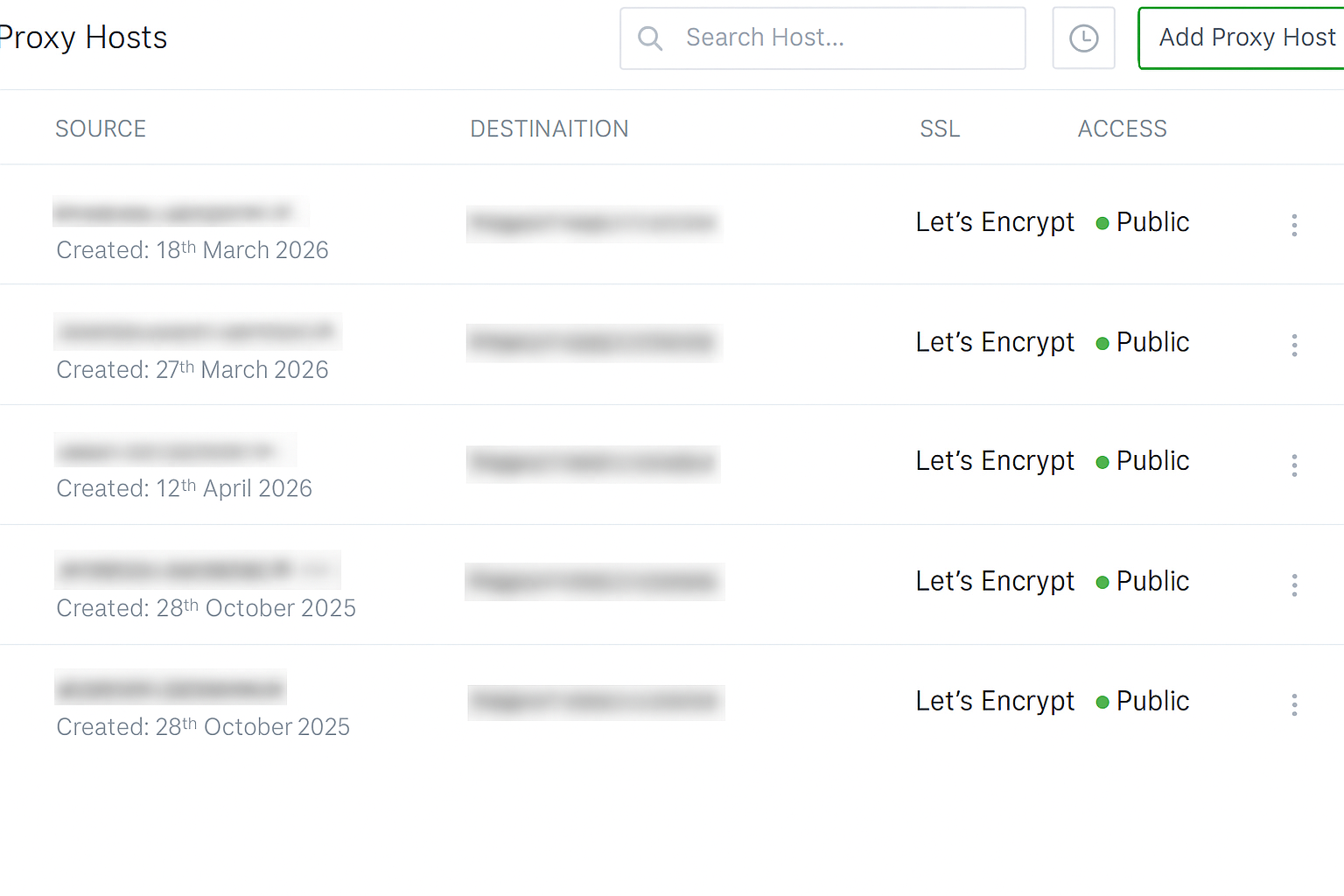Interface Nginx Proxy Manager – gestion des hôtes et certificats